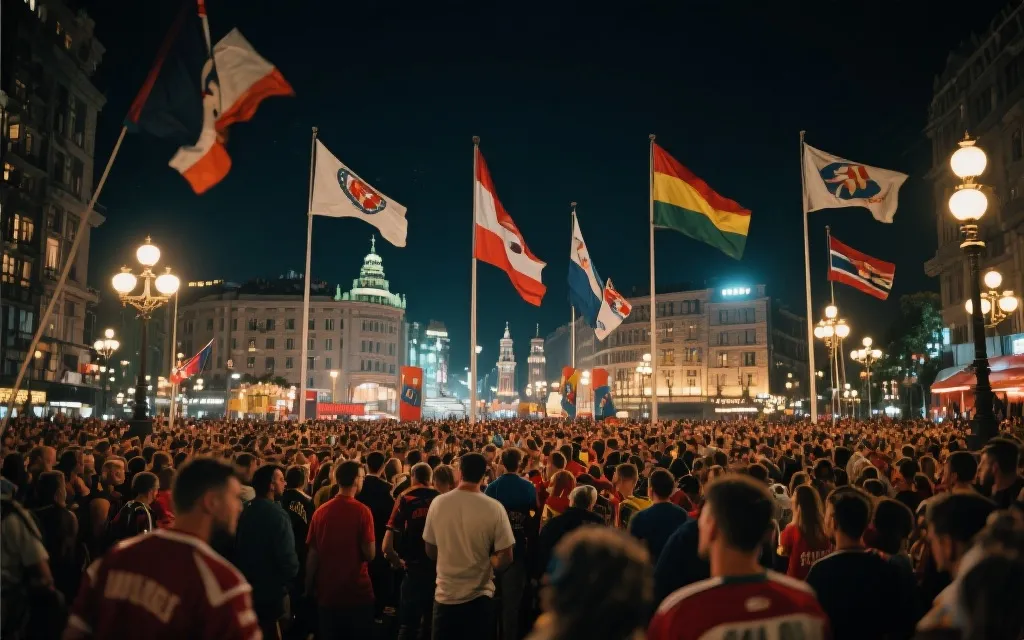 世界杯比赛日前夜的城市街头，球迷在广场与餐馆间聚集，充满节庆氛围